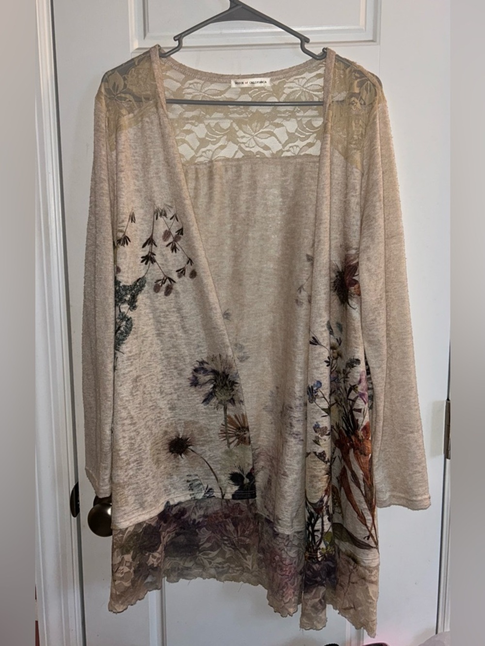 Light Beige Floral Open Cardigan with Lace Yoke